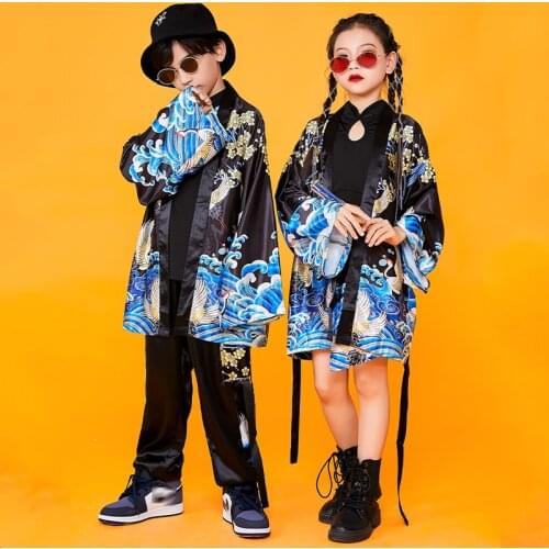 Hip Hop Kids Performance Clothes Chinese Style Loose Blue Outfit Coat Girls Jazz Street Dance Clothing Boys Stage Wear DNV15089
