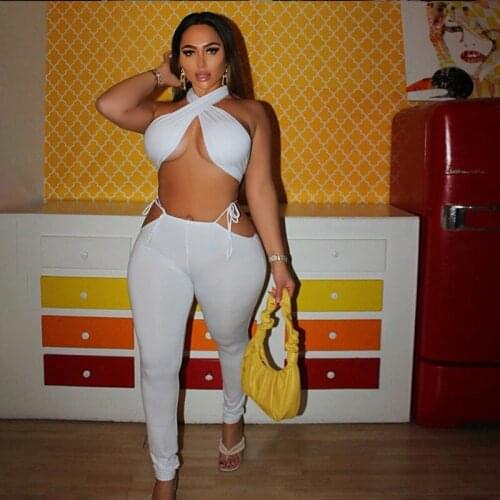 Womens New Sexy Strap Criss Cross Solid Ruched Outfits 2021 Summer Bandage Backless Club Crop Top And Pants Two Piece Sets