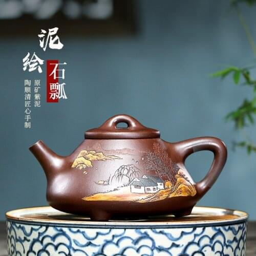 Two 】 yixing recommended TaoShun pure son all hand painted purple mountain cement mud stone gourd ladle 320 cc