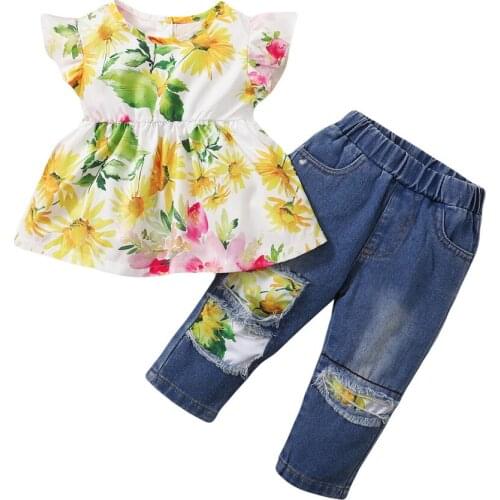 Fashion Childrens Summer Clothes Floral Print Short Sleeve Tops + Jean 2Pcs Set Girls Suit Fashion Clothing Gifts 0-5Y D30