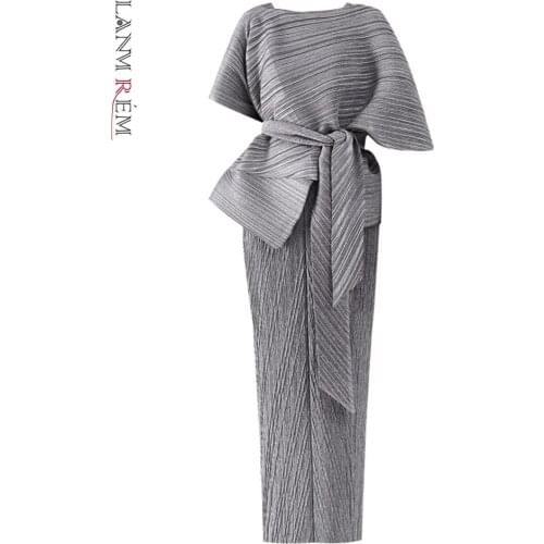 LANMREM 2021 summer pleated dresses two-piece set famale temperament womens long evening party pleated dress with belt YJ701