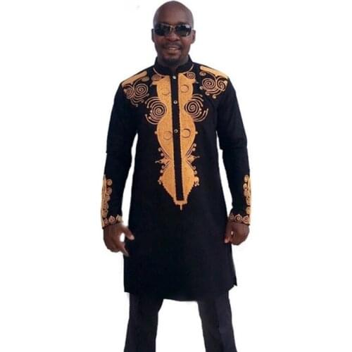 Mens African Dashiki Print Longline Shirt 2020 Brand Slim Fit Mandarin Collar Dress Shirts Men Long Sleeve Black African Clothes