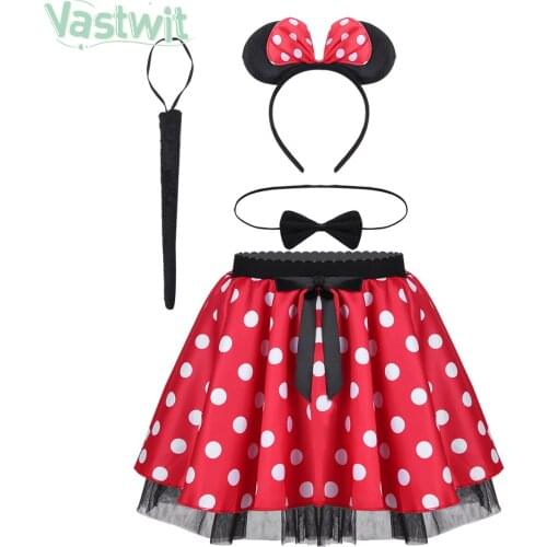 Baby Girls Cake Smash Birthday Party Outfit Bowtie Polka Dots Tutu Mini Skirt+Hairband+Mouse Tail Clothes Mini Mouse 4Pcs sets