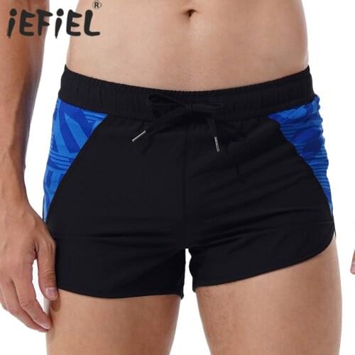 Summer Men Contrast Color Breathable Board Shorts Sissy Beachwear Gym Sport Workout Quick-Drying Drawstring Swimming Trunks