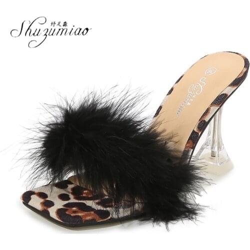 SHUZUMIAO Big Size 45 Leopard Print Women Pumps Sexy Black Faux Fur High Heels Slippers Summer Sandals Ladies Party Shoes Female