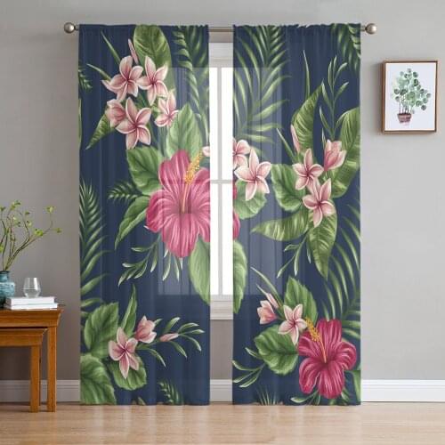 Flower Leaves Feather Hibiscus Tulle Sheer Window Curtains for Living Room Kitchen Children Bedroom Voile Hanging Curtain