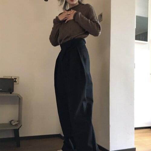 Autumn and winter womens pants casual solid color high waist loose wide leg pants