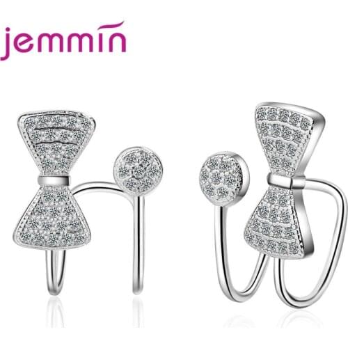 Woman Girl Clip Earring Cuff Real 925 Sterling Silver Bowknot Cubic Zircon Crystal Eardrop Pendientes Jewelry for Wedding Party