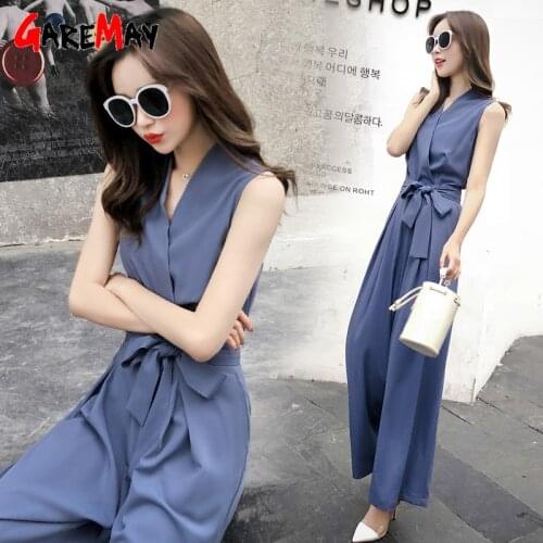 Summer 2021 Womens High Waist Wide Pants Playsuit Overalls Fashion Casual V-neck Female Elegant Long Jumpsuit Set White Romper