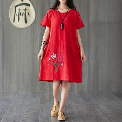 Women Elegant Long Dress with Flower embroidery boho Lady Dress short Sleeve Buckles Dress Vestidos Retro elegant women dresses