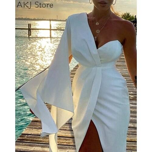 Women One Shoulder Solid Color Ruched Irregular Long Sleeve Skinny Dress