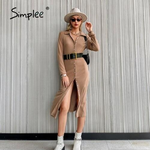 Simplee High street buttons solid women winter dress khaki Casual long sleeves shirt collar dress Slim female lapel vestido 2021