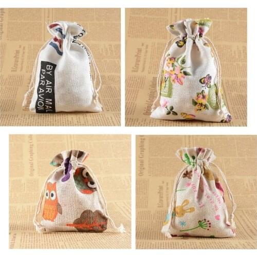 10pcs 13*18cm Printed Cotton Linen Bundle Pocket Cartoon Drawstring Bag Burlap Bag Candy Jewelry Nuts Cookie Bag Party Favors