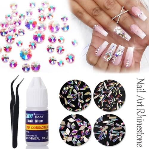 Mixed Size 3D Nail Rhinestones With Nail Glue And Tweezers Set Shiny Flatback Opal Crystal Rhinestone for Nails Decorations