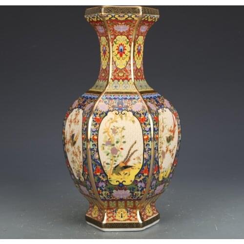 Antique Porcelains Yongzheng Official Kiln Vase Living Room Pastel Ornaments Jingdezhen Porcelain Hexagons Vase Enamel Porcelain