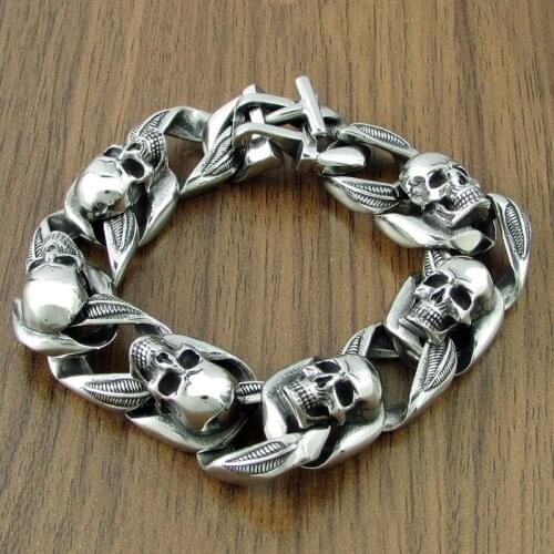 Punk Stainless Steel Leaf Skull Head Bracelet Motor Biker Skeleton Bracelets Jewelry