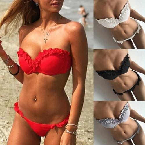 Bandeau Bikini Swimwear Women Swimsuit Sexy Ruffle Bikini Set Push Up Bathing Suit Female Brazilian Solid Color Swimsuit 2021