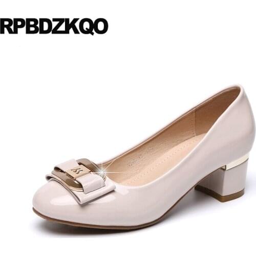 Big Size Medium Heels Patent Leather Thick 4 34 Cheap Slip On 2021 Casual Pumps Block Shoes For Women Round Toe Chunky 10 42 New