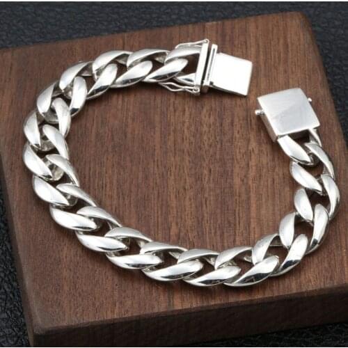 925 Sterling Silver 13mm 20cm Miami Cuban Chain Link Bangle Women Men Fine Jewelry Solid Tibetan Silver Chain Bracelets