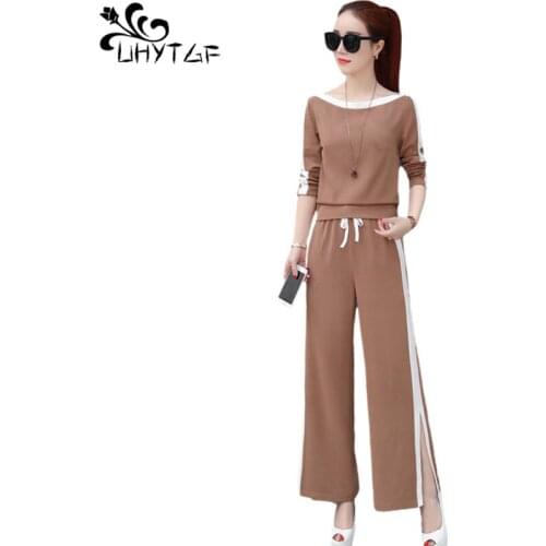 UHYTGF Wide Leg Trousers Pant Suit Two Piece Set Women Spring Autumn Tracksuit Female Casual 2 Piece Sets Long Sleeve Suit 987