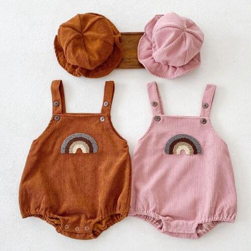 Korean Style Toddler Baby Girl Boys Romper+Hat Sleeveless Corduroy Rainbow Spring Autumn Infant Baby Girls Boys Jumpsuit
