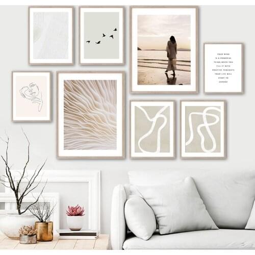 Girl Bird Line Mushroom Sea Beach Quote Wall Art Canvas Painting Nordic Posters And Prints Wall Pictures For Living Room Decor