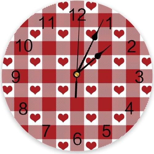 Red Heart Plaid Love Round Wall Clock Modern Design Home Living Room Decoration Childrens Room Kitchen Table Clock