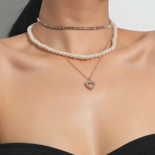 Fashion Diamond Accented Necklaces Womens TRENDY Pearl Heart Set Auger Multilayer Alloy Pendants Necklaces Jewelry for Girls
