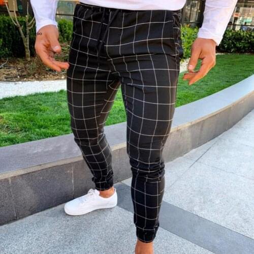 Fashion Outdoor Gym Pants Men Plaid Print Drawstring Elastic Casual Slim-Fit Pencil Pants Trousers Long Stretch Casual Pants