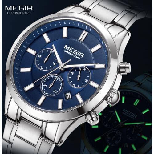 MEGIR Men Quartz Watches Silver Blue Stainless Steel Wristwatch Man Fashion Chronograph Luminous Watch Relogios relojes часы