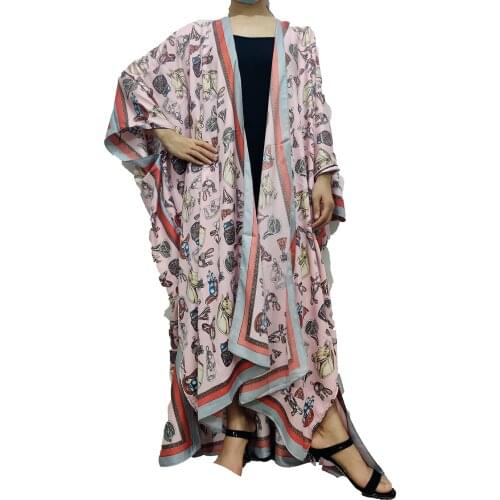 Causal 2021 Bohemian Summer Abaya Dubai Kaftan Muslim Fashion Printed Silk Kimono For Women Plus Size European Swimwear