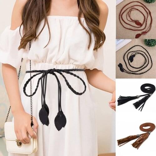 Harajuku style hand-knit long leather designer braid waist belt with tassel party belts women girls string waistband women belt