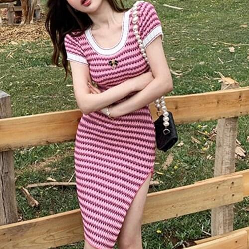 Knitted mini dress small sweet skirt/new knitting split dress female summer small waist skirt temperament