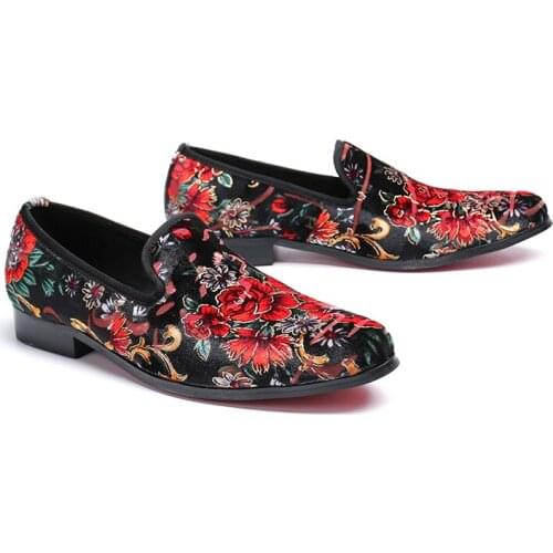 Italian Style Leather Men Casual Shoes Luxury Flowers Printed Mens Loafers Moccasins Breathable Slip on Driving Shoes Soft Flats