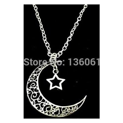 Vintage Silver Crescent Moon&Star Eiffel Tower Clover Dangle Sun Angel Choker Necklace Pendant Jewelry Fashion For Women Q406