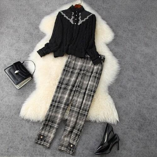 European and American womens wear 2020 winter new style Long-sleeve flocking embroidered shirt Plaid breeches Fashion suits