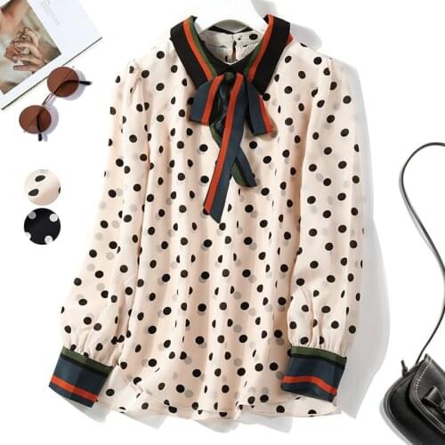 Womens 100% Mulberry Silk Crepe Silk Dots printed Bow-tied Neck Buttons down long sleeve shirt Top Blouse office work JN705