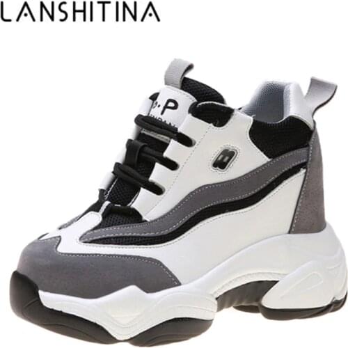 Women Walking Sneakers 2020 Autumn Lace-up Platform Chunky Shoes Breathable Leather White Shoes 10CM Wedge Heels Casual Shoes