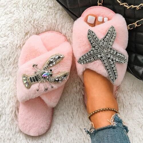 Fluffy Slippers Women Starfish Lobster Decor Furry Slides Faux Fur Flip Flops Female Flat Indoor Slippers Luxury Designer Shoes
