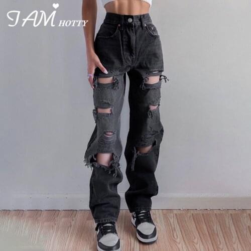 Hole Ripped Black Jeans Women Vintage Hollow Out Denim Pants Hip Hop High Waist Baggy Pants Wide Leg Straight Mom Jeans Iamhotty