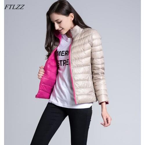 FTLZZ Winter Down Jacket Women Ultra Light 90% White Duck Down Double Side Short Coats Female Slim Warm Parkas