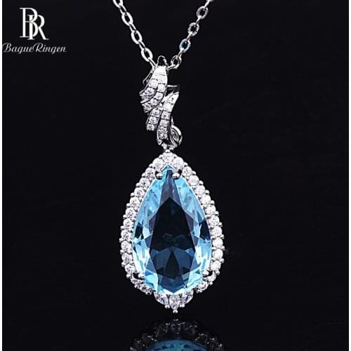 Bague Ringen Luxury Silver 925 Jewelry Charms Necklace for Women Water Drop Shaped Pendant Chain Aquamarine Zircon Wholesale