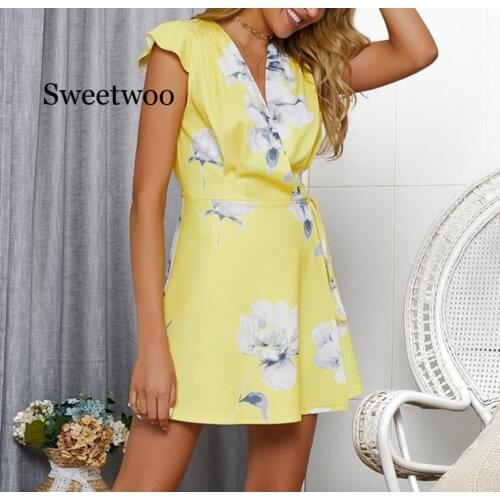 Office Lady Elegant Summer Dress Women Short Sleeve Floral Print Casual Mini Bandage Dress V neck Party Boho Beach Dress