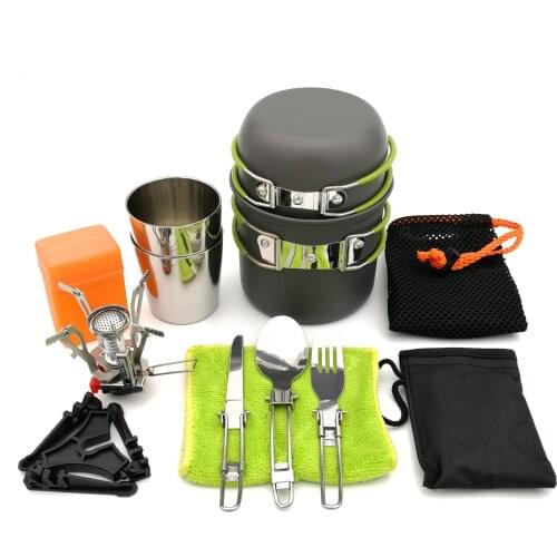 1Set Camping Pot Cookware With Folding Cup Gas Stove Tank Stand Fork Spoon Knife Utensils Outdoor Tableware Picnic Equipment
