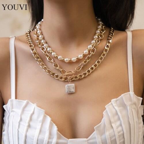YOUVI 3Pcs Grunge Choker Pearl Necklace for Women Gothic Accessories Goth Circle Lock Chains Pedants Womens Necklace Jewelry