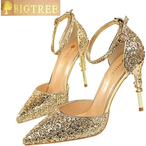 Shining Sequined Cloth Buckle Sandals Womens Fashion Carved Metal Heels Party Shoes Pointed Toe Shallow High Heels Shoes Women