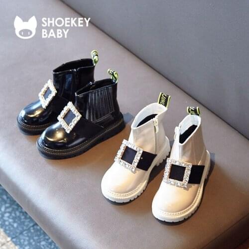 PU Leather Girls Boots Autumn Winter Fashion Rhinestones Warm Girls Boots Plus Velvet Chelsea Children High Top Boots Size 26-37