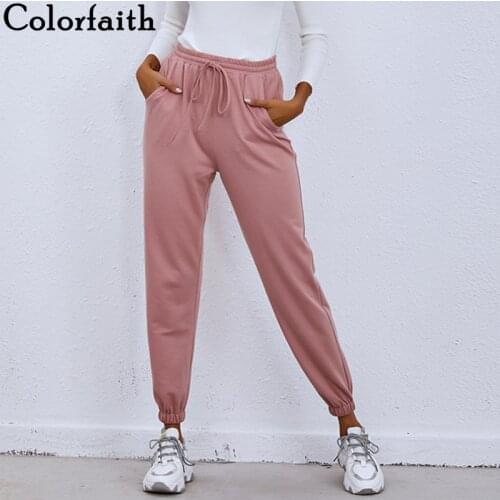 Colorfaith New 2021 Womens Summer Women Pants Sweatpants Wide Leg High Elastic Waist Jogging Pink Ankle-Length Trousers P2140AB