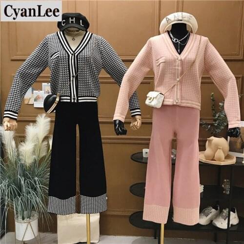 Cyanlee Women Autumn Winter Knitted Jacket Coats Wide Leg Pants 2 Pieces Sets Long Sleeve Sweater Trousers Tracksuits Outfits