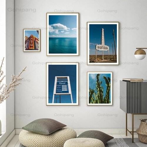 Canvas Painting Nordic Amalfi Coast Ocean View Wall Art Canvas Marfa Poster and Print Cactus Picture for Living Room Home Decor